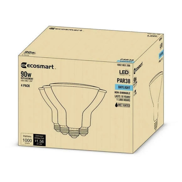EcoSmart 90W Equivalent Bright White PAR38 Non-Dimmable LED Flood Light Bulb (4) - Picture 1 of 4